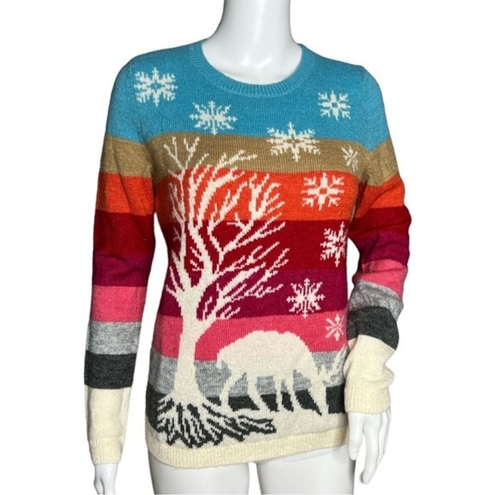 Talbots Sweater Womens Small Multicolored Wide Stripe Winter Scene Deer Knit
